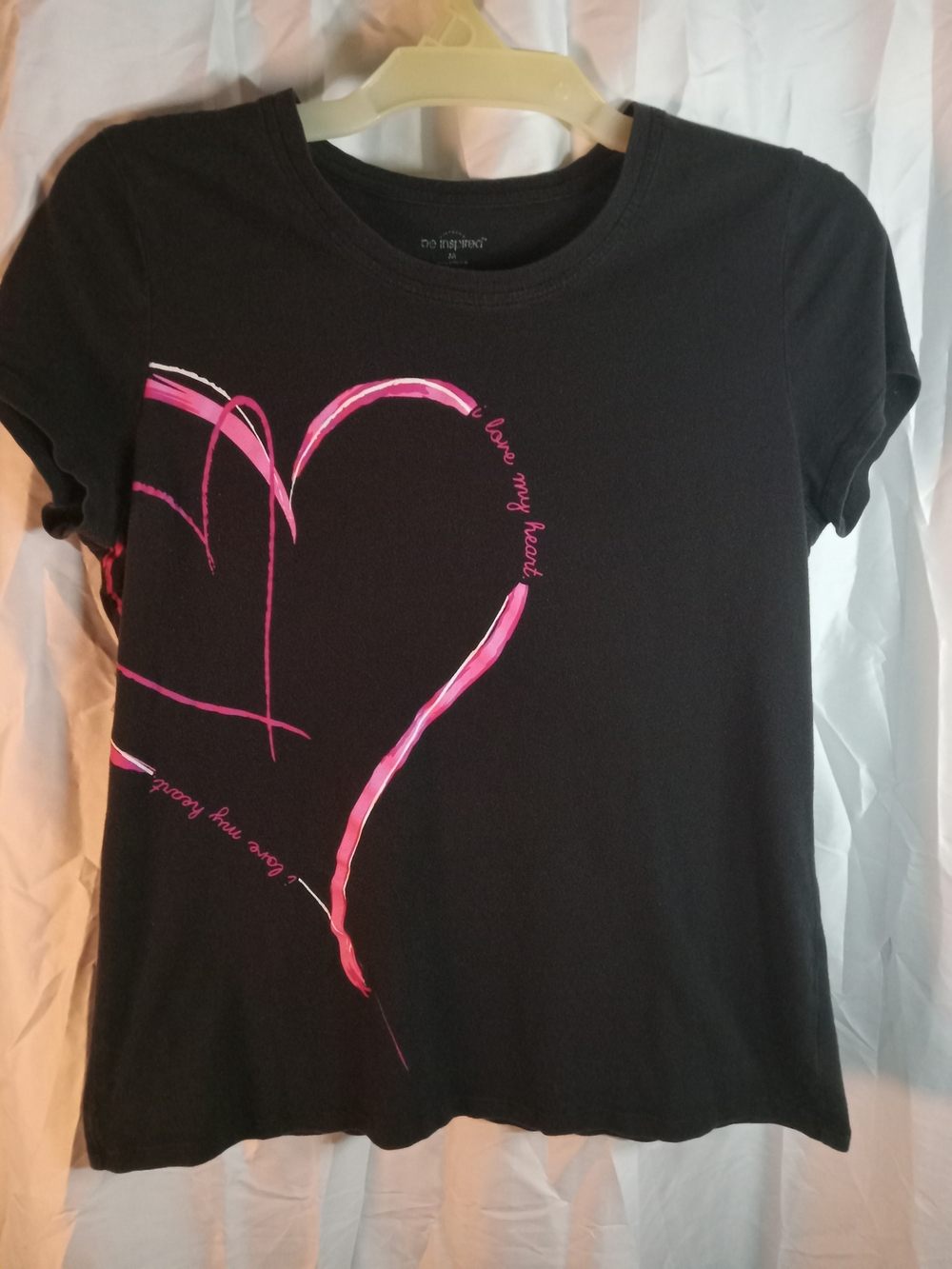 be inspired Black Short Sleeve Tee with Pink Heart Graphic